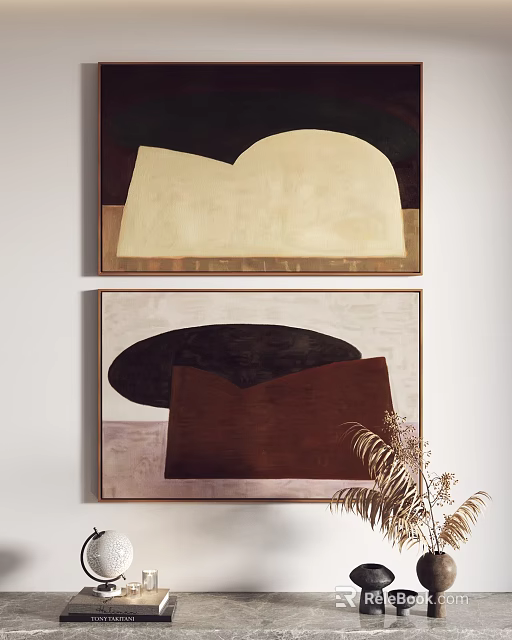 Abstract Paintings With Light Curved Shape Dark Oval And Brown Rectangle On Wall 3d model