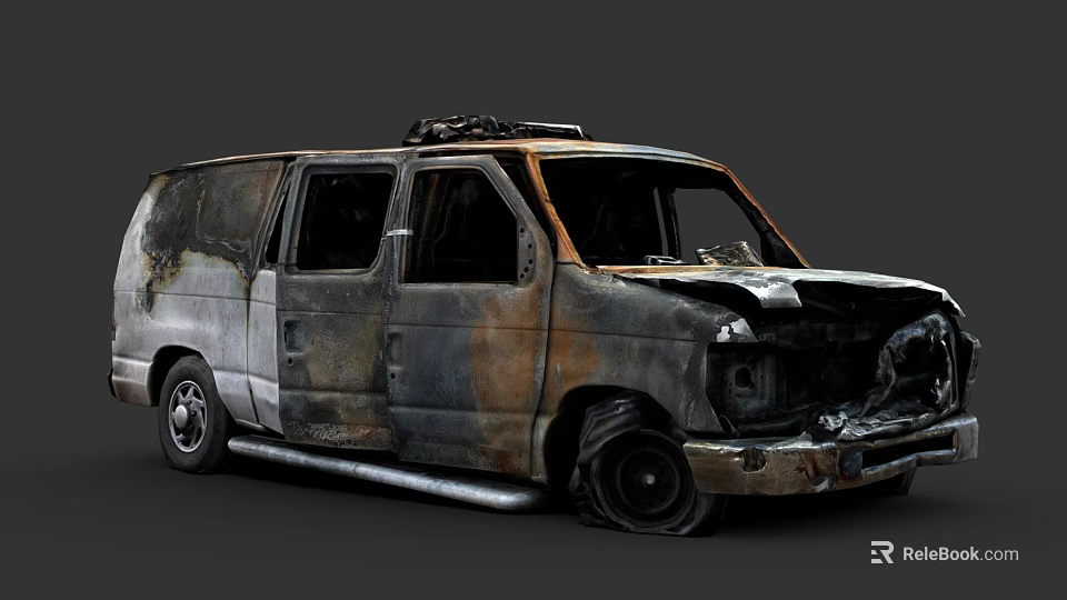 Abandoned Burnt Rusted Wrecked Van With Damaged Front And Flat Tires 3d model 