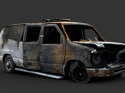 Abandoned Burnt Rusted Wrecked Van With Damaged Front And Flat Tires 3d model