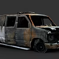 Abandoned Burnt Rusted Wrecked Van With Damaged Front And Flat Tires