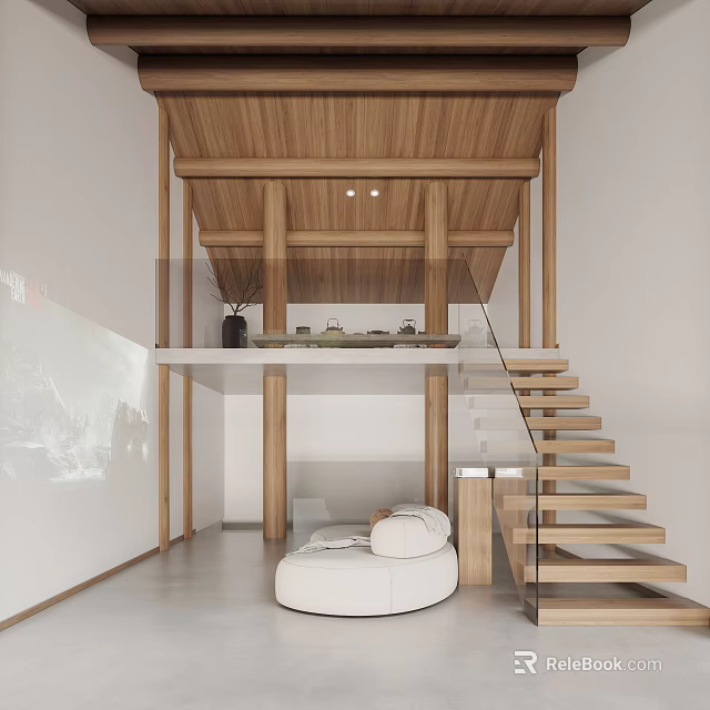 Open Space Interior Design With Wooden Ceiling Glass Staircase And White Round Sofa 3d model 