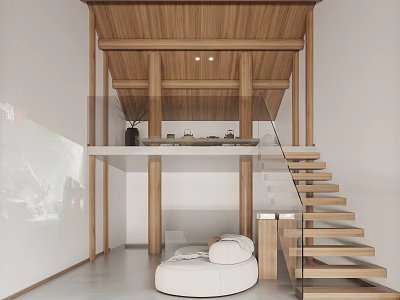 Open Space Interior Design With Wooden Ceiling Glass Staircase And White Round Sofa 3d model