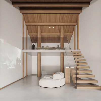 Open Space Interior Design With Wooden Ceiling Glass Staircase And White Round Sofa 3d model