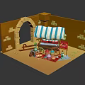 Cartoon Scene of Arched Entrance with Striped Awning Cart and Pastry Items by Brick Walls