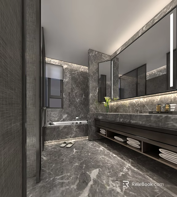 Elegant Modern Dark Marble Bathroom Interior With Backlit Vanity Mirror And Built In Bathtub 3d model 