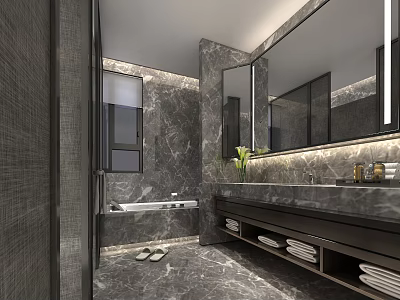 Elegant Modern Dark Marble Bathroom Interior With Backlit Vanity Mirror And Built In Bathtub 3d model