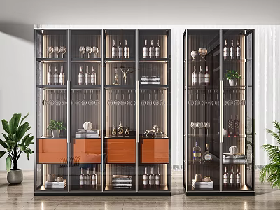 Modern Wine Cabinet With Glass Doors Wine Bottles Glasses And Decorative Items 3d model