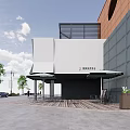 Exterior View Of Modern Building With Awnings Tables Chairs Green Plants Trees And Vehicles