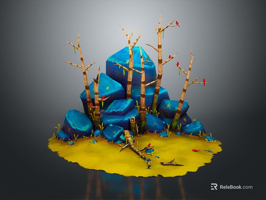 Vibrant Natural Scenery With Blue Mossy Rocks Dry Trees Yellow Ground And Red Birds 3d model 