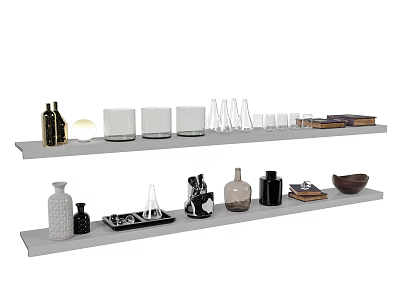 Decorative Ornament Set with Bottles Candles Glassware Trays Bowls and Books on Shelves 3d model