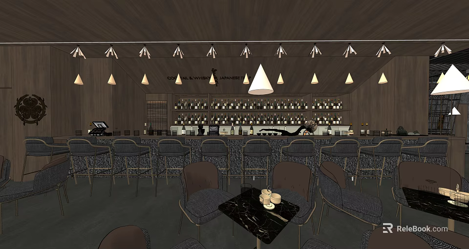 Modern Bar Interior Design With Pendant Lights Counter And Wine Racks 3d model 