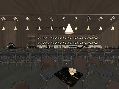 Modern Bar Interior Design With Pendant Lights Counter And Wine Racks 3d model