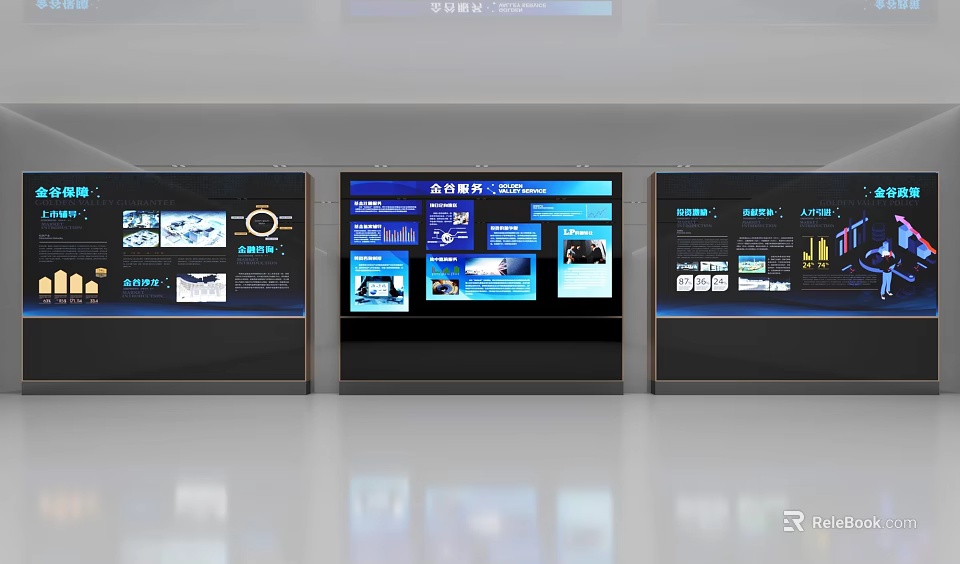 Three Digital Display Screens Showing Smart Management Data Interfaces And Charts 3d model
