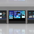 Three Digital Display Screens Showing Smart Management Data Interfaces And Charts 3d model