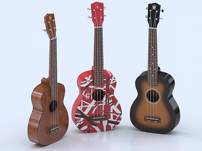 Musical Instruments Art Supplies Featuring Colorful Ukuleles With Wooden And Painted Designs 3d model