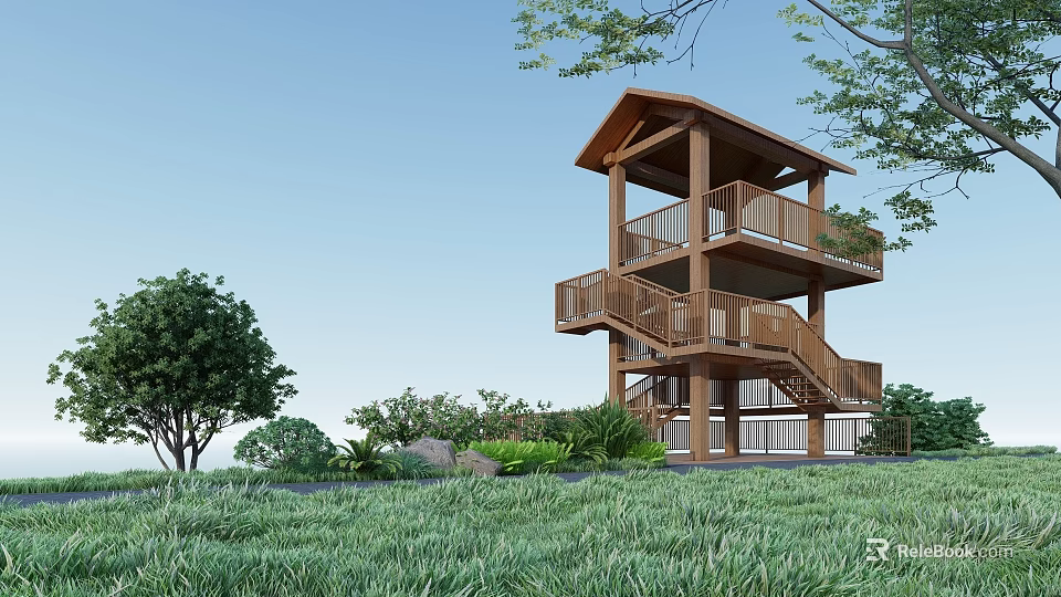 Wooden Multi Level Roadside Observation Tower With Green Grass And Trees 3d model