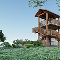 Wooden Multi Level Roadside Observation Tower With Green Grass And Trees 3d model