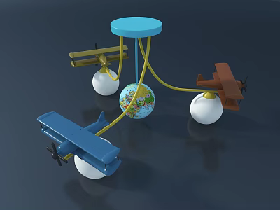 Playful Kids Room Chandelier With Blue Top Yellow Wires White Globes Airplane Models And Globe 3d model