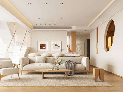Modern Living and Dining Room Interior Design With Light Sofa Wooden Table And Round Window 3d model