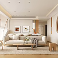 Modern Living and Dining Room Interior Design With Light Sofa Wooden Table And Round Window