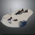 Desert Camp Scene With Sandy Ground Flagpole Tents People And Camels Setup
