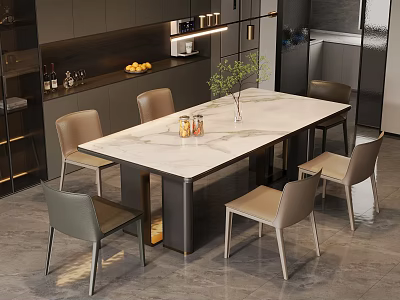 Modern Dining Area With Marble Top Table Six Chairs Dark Cabinets And Green Plant 3d model