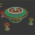 Luxury Casino Roulette Table With Green Felt Surface Wooden Frame And Red Stools
