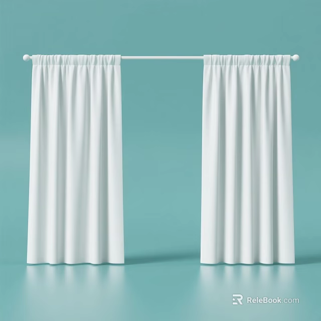 Modern White Curtains Hanging On Curtain Rod Against Light Blue Background 3d model 