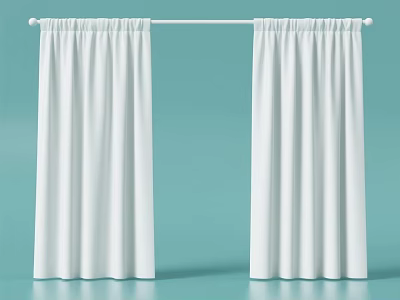 Modern White Curtains Hanging On Curtain Rod Against Light Blue Background 3d model