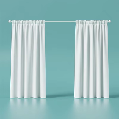 Modern White Curtains Hanging On Curtain Rod Against Light Blue Background 3d model