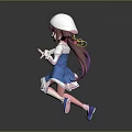 Anime Style Game Movie Character With Twin Tails Blue Dress White Hat And Lively Pose