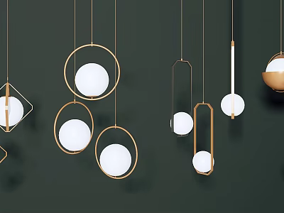 Modern Pendant Lights With Gold Geometric Frames And White Globe Shades 3d model