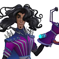 Character In Purple Blue Outfit With Long Hair Holding Small Robotic Creature With Mechanical Features