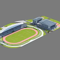 Modern Football Stadium With Running Track Spectator Stands And Adjacent Buildings