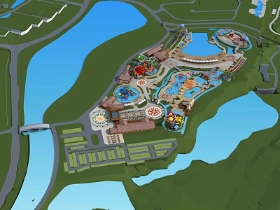 Scenic Amusement Park Design With Lakes Various Rides And Colorful Buildings 3d model