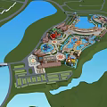 Scenic Amusement Park Design With Lakes Various Rides And Colorful Buildings