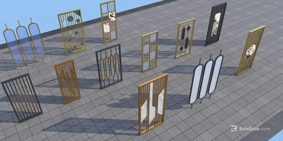 Modern Room Dividers With Various Designs Metal Frames And Geometric Patterns 3d model