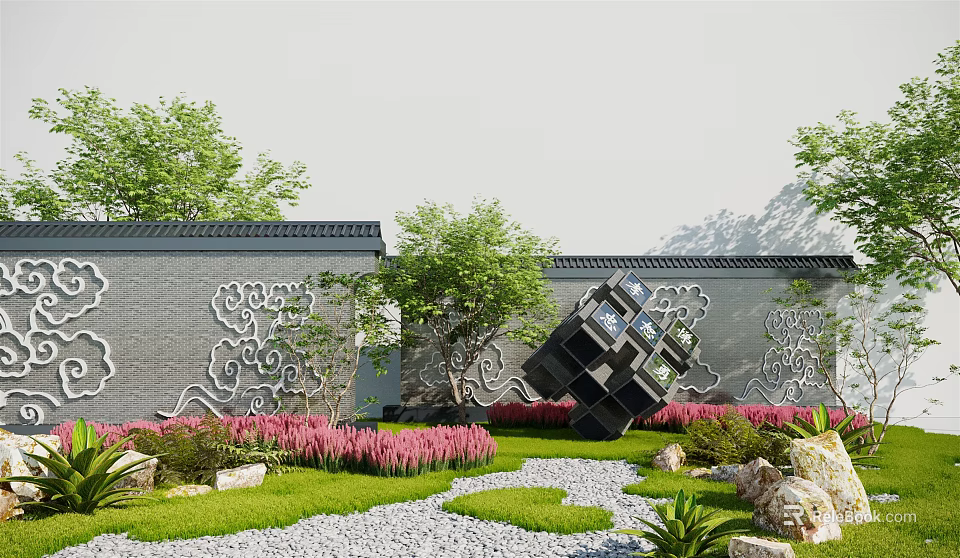 Traditional Scenic Wall With Decorative Patterns Green Trees And Pink Flowers In Garden 3d model 