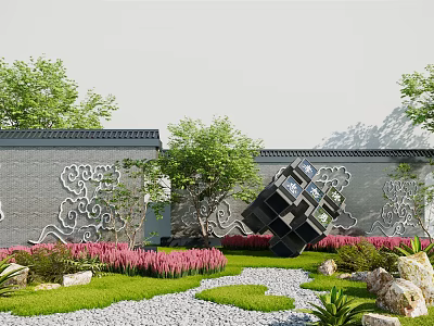 Traditional Scenic Wall With Decorative Patterns Green Trees And Pink Flowers In Garden 3d model