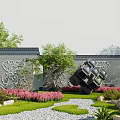 Traditional Scenic Wall With Decorative Patterns Green Trees And Pink Flowers In Garden
