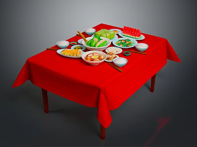 Dining Table With Red Tablecloth And Various Dishes Bowls On Top 3d model