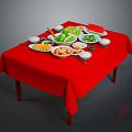 Dining Table With Red Tablecloth And Various Dishes Bowls On Top