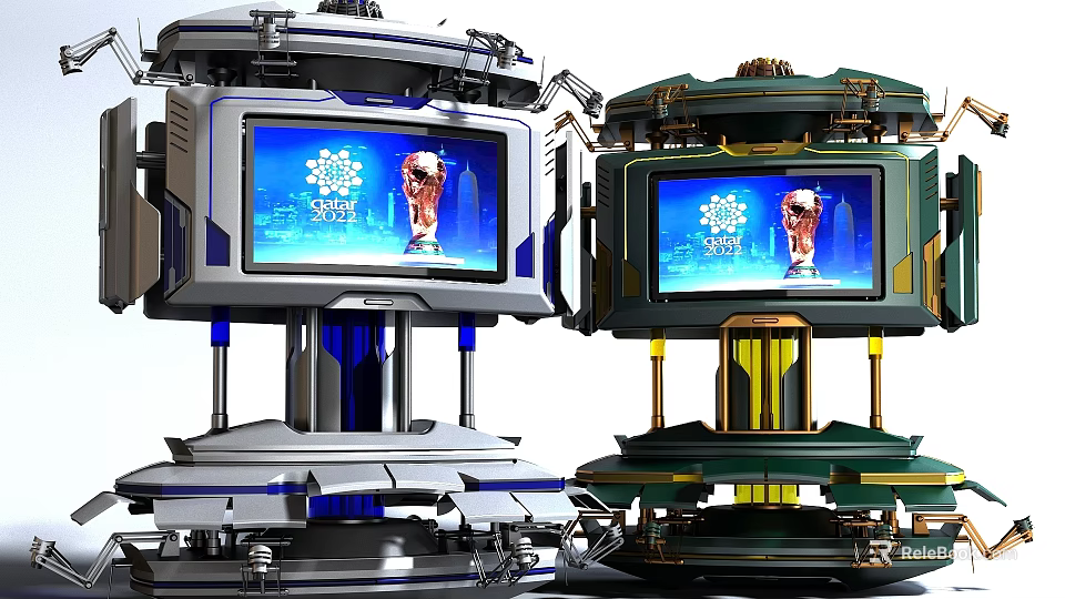 Two Computer Display Devices with Trophy 2022 Graphics on Screens Metal Brackets and Colorful Design 3d model 