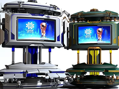 Two Computer Display Devices with Trophy 2022 Graphics on Screens Metal Brackets and Colorful Design 3d model