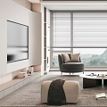 Modern Living Room Interior Design With TV Wall Sofa Coffee Table Plant And Window Blinds