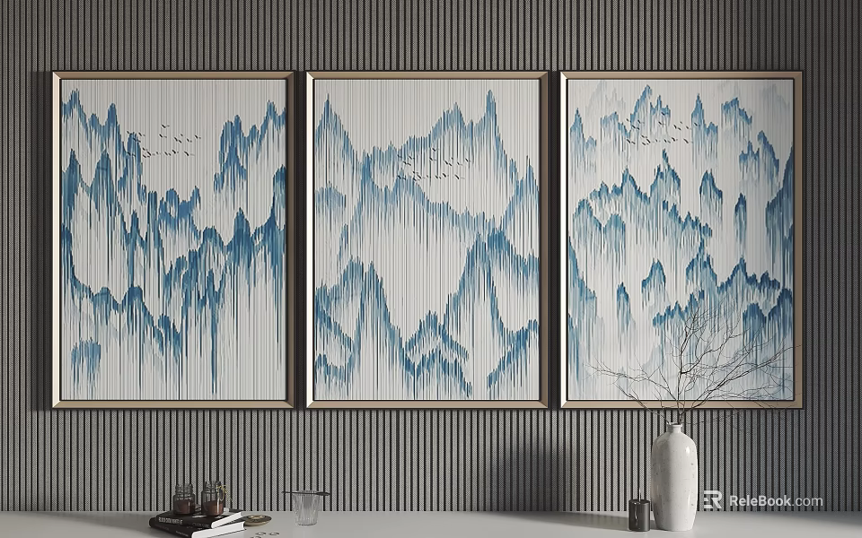Three Modern Landscape Paintings With Blue Mountain Patterns Hanging On Gray Striped Wall 3d model