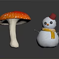 Red Spotted Mushroom And Snowman With Red Hat Yellow Scarf On White Background
