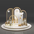 Interactive Zone With Modern Golden Arch Design Display Shelves Gift Boxes And Flowers