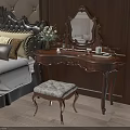 Classic Wooden Dressing Table With Mirror Flower Vase Candle And Upholstered Stool In Bedroom