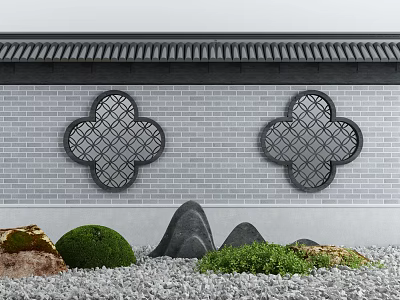 Traditional Garden Ornament with Brick Wall Clover Lattice Windows Tile Roof Stone and Green Shrubs 3d model